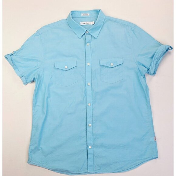 Calvin Klein Size Large Men Aqua Blue Button Short Sleeve Lightweight Logo Shirt - Picture 1 of 11